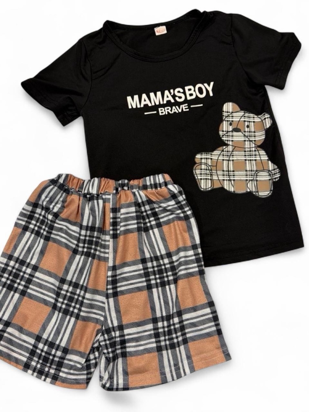Kids 5 yrs old Black 'Mama's Boy Brave' Pajama Set with Tan Plaid